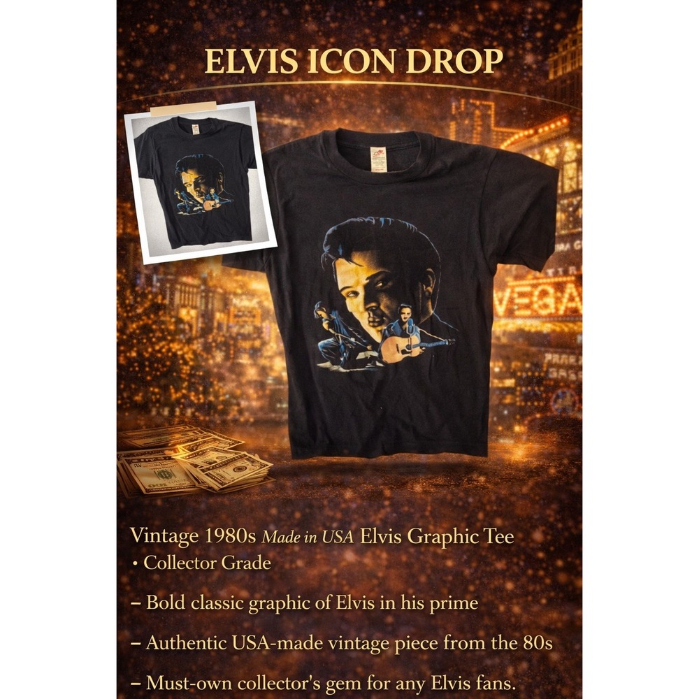 Vintage Elvis‎ Presley Black T Shirt Medium Graphic Tee USA Made 1980s